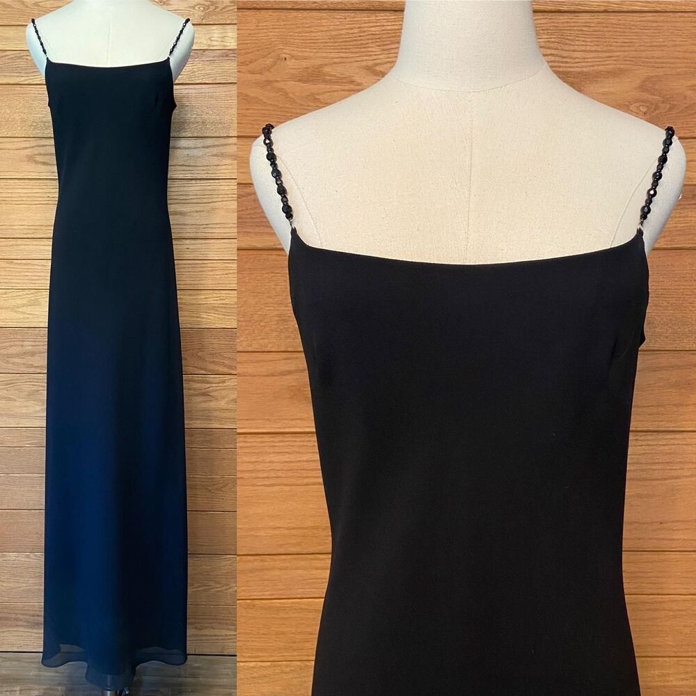 Jessica McClintok vintage 90s beaded strap black maxi slip dress